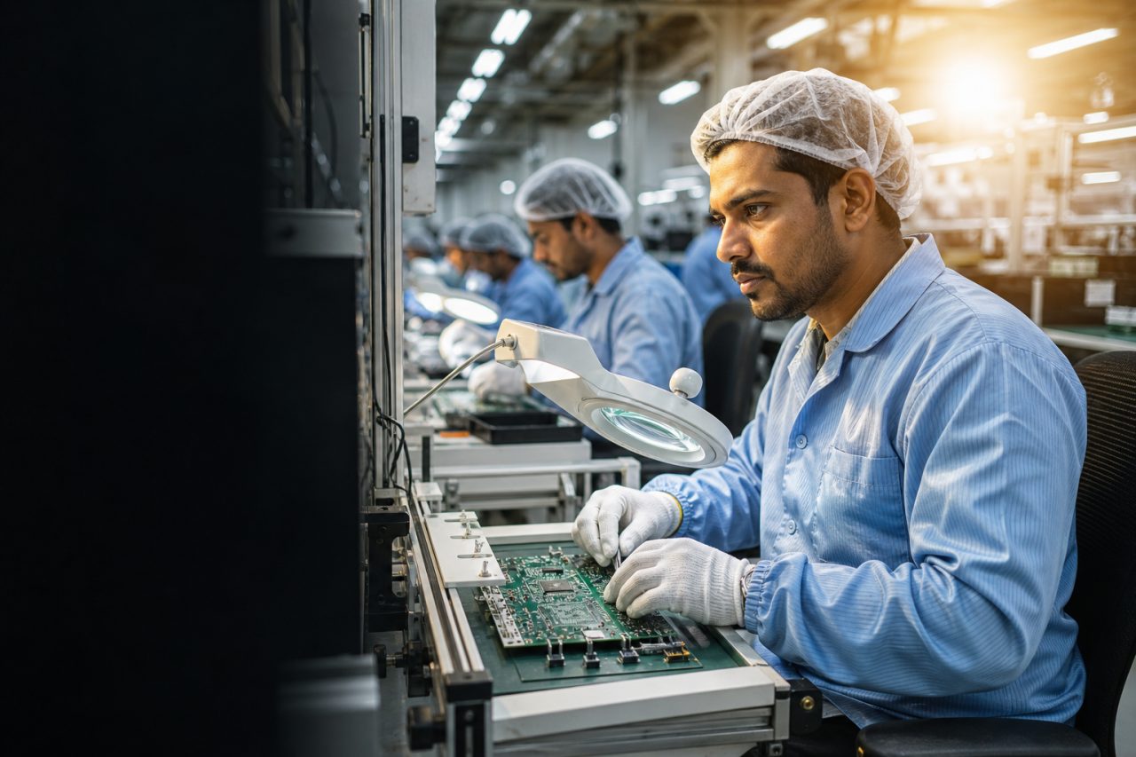 Electronics manufacturing technicians assembling circuit boards on a modern production line